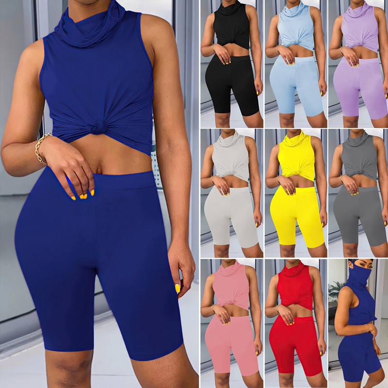 

Two Piece Set Scarf Collar Sleeveless T Shirt Crop Shorts Women Tracksuit, Red