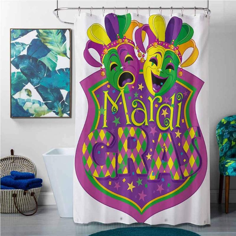 

Shower Curtains Liners for Bathroom Mardi Gras,Comedy and Tragedy Masks with Festive Mardi Gras Carnival Blazon Design,Purple