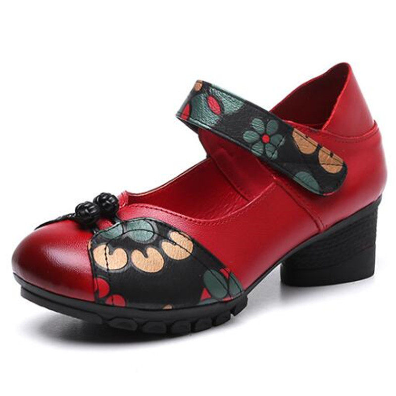 

2020 Spring New Fashion Single Shoes Women Genuine Leather Shallow High Heel Shoes Classic Print Retro Women Casual, Red