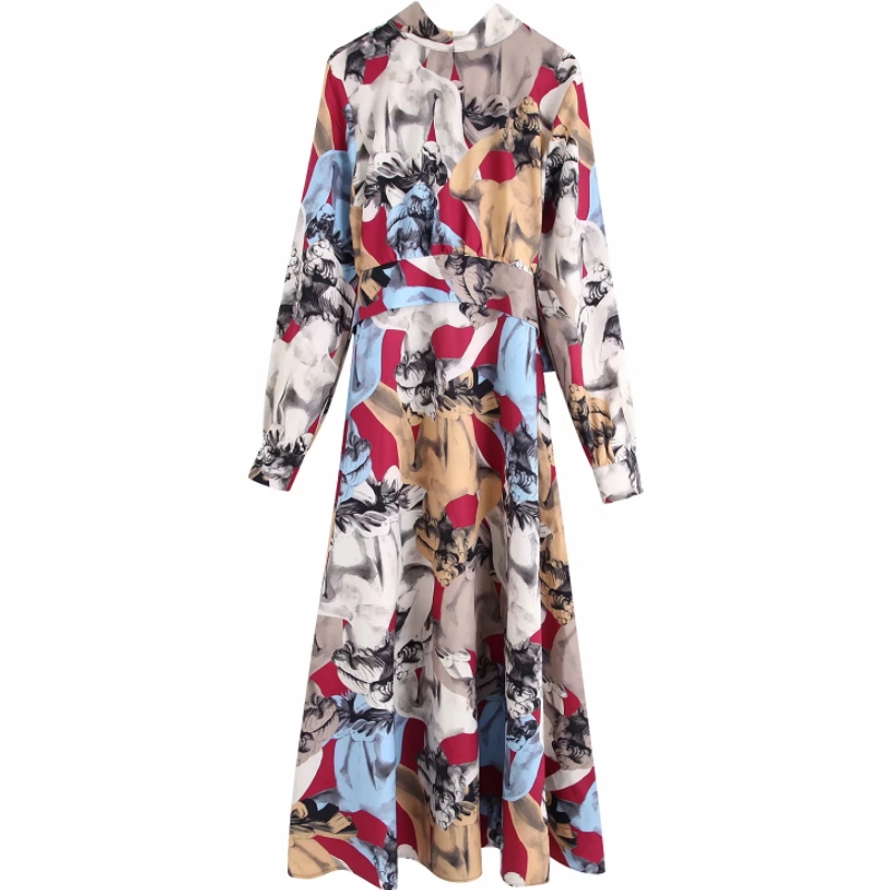 

New Women vintage contrast color ink painting print casual sashes long Dress ladies stand collar bow tied vestido Dresses DS3047, As pic ds3047bb
