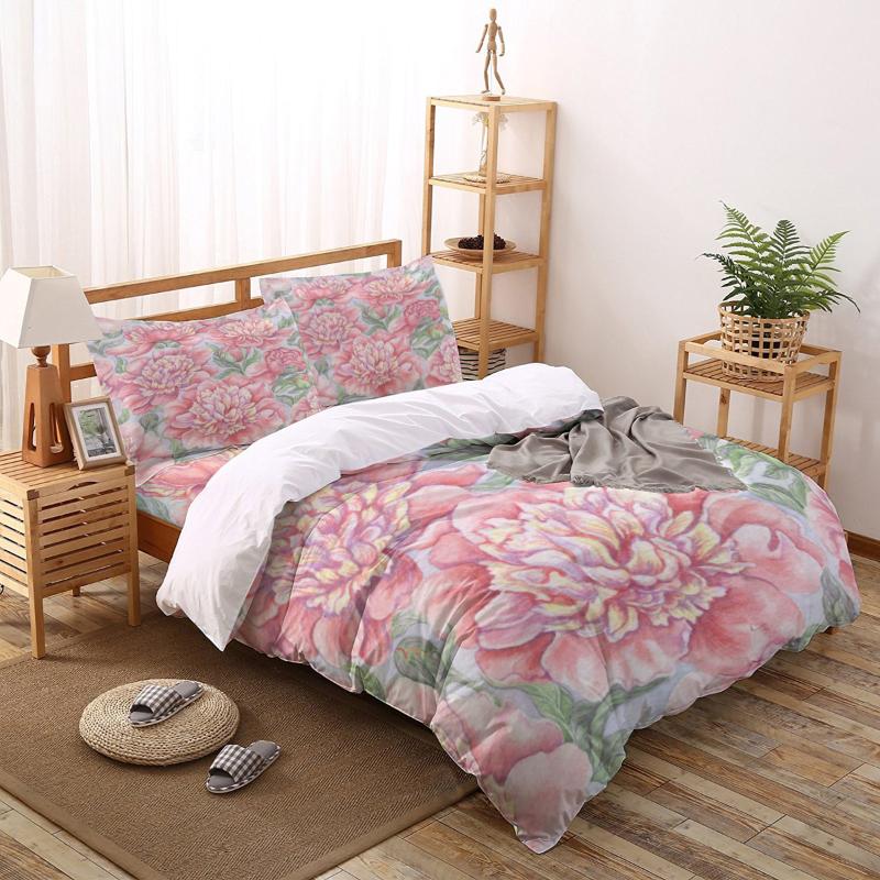 

Peony Flower Blossom Pink Printed Duvet Cover Set 4 Piece Bedding Set Home Textile Customizable, As pic