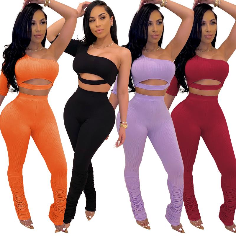 

2020 New Women' Suit Solid Color Hollow Short-Sleeved T-shirt Pants Two-Piece European and American Casual Suit, Lavender