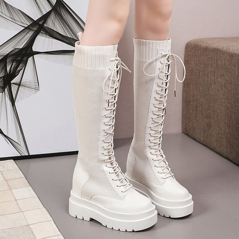 

Fashion Knitted Knee-high Long Boots Women Beige Black Platform High Heels Boots Woman Lace Up Hidden Heels Shoes Mujer
