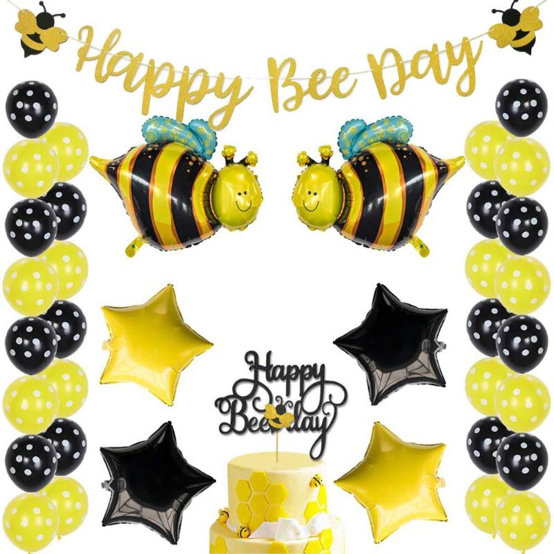 

37pcs Bee Theme Children'sBirthday Party Honey Pentagram Aluminum Foil Balloon Flower Dot Latex Balloon Set Decoration Supplies