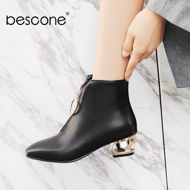 

BESCONE Women Mid-Calf Boots Winter Pointed Toe Square Heel Metal Decoration Shoes Basic Solid Warm Med Heel Ladies Boots BM227, Black