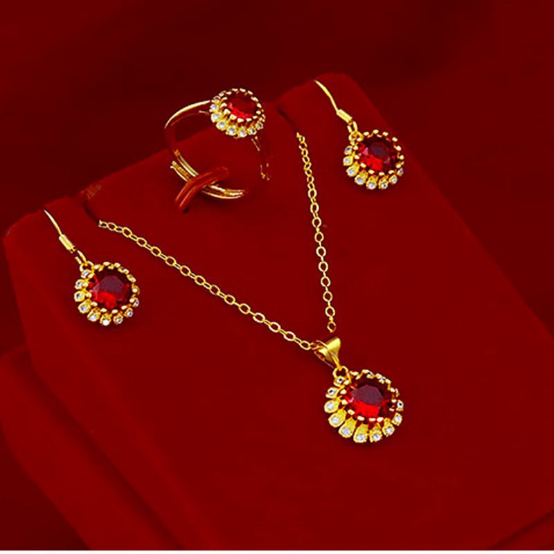 Ensemble de bijoux brillants en zircon rouge de coupe ronde, or jaune 18 carats rempli de tournesol en forme de classique pour femmes, pendentif,