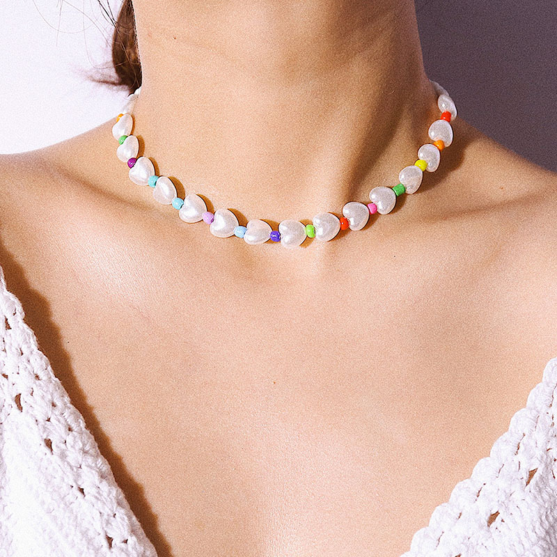 

Sweet Temperament Colorful Imitation Pearl Heart Choker Necklace Women Vintage Geometric Neck Chocker Colar Necklace Jewelry