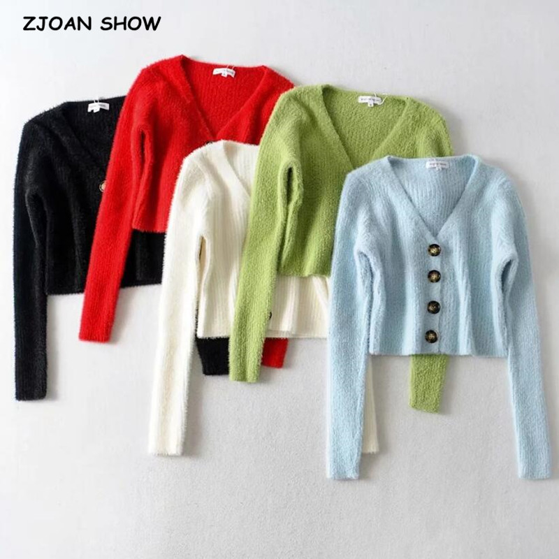 

5 color 2020 Autumn Sexy Single Breasted Button Cardigan Shaggy Sweater Woman Retro V-neck Long Sleeve Jumper kleding jerseis, Black