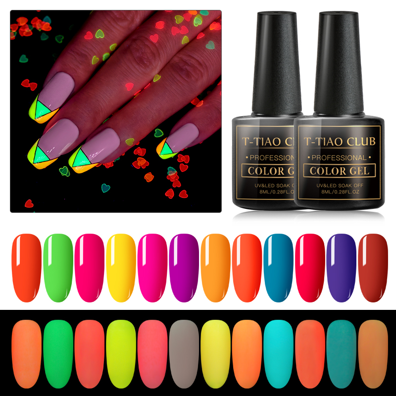

T-TIAO CLUB 8ML Glow In The Dark UV Gel Nail Polish Fluorescent Luminous UV Soak Off Long Lasting Gel Polish Nail Art Varnish, Fs04082
