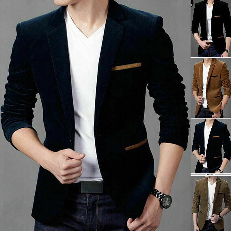 

2020 New Men's Blazer Luxury Formal Corduroy Cotton Blend Slim Fit Coat Solid Spring Long Sleeve Slim Fit Men Suit Fashion 2020, Black