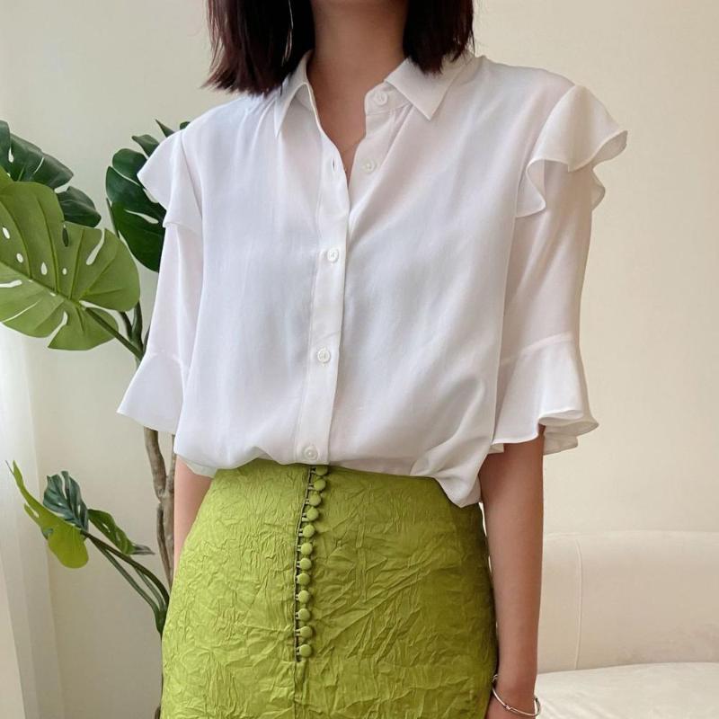 

Temperament ruffled lady silk shirt top solid color short sleeve casual wild lady shirt, Black