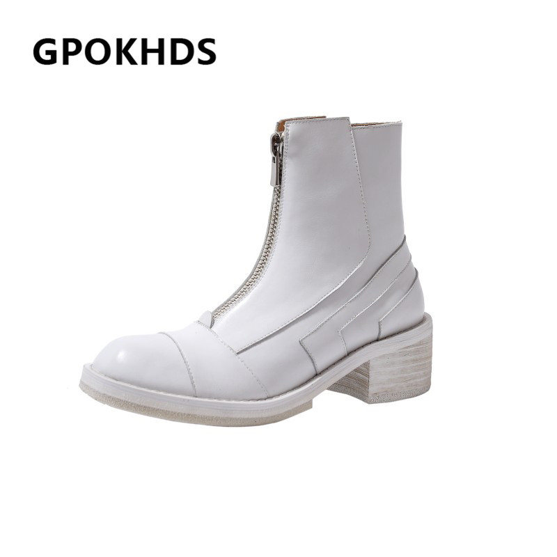 

GPOKHDS 2021 women Ankle boots Cow leather Winter short plush Round Toe Zipper Platform High heels female Riding boots size 39, Black