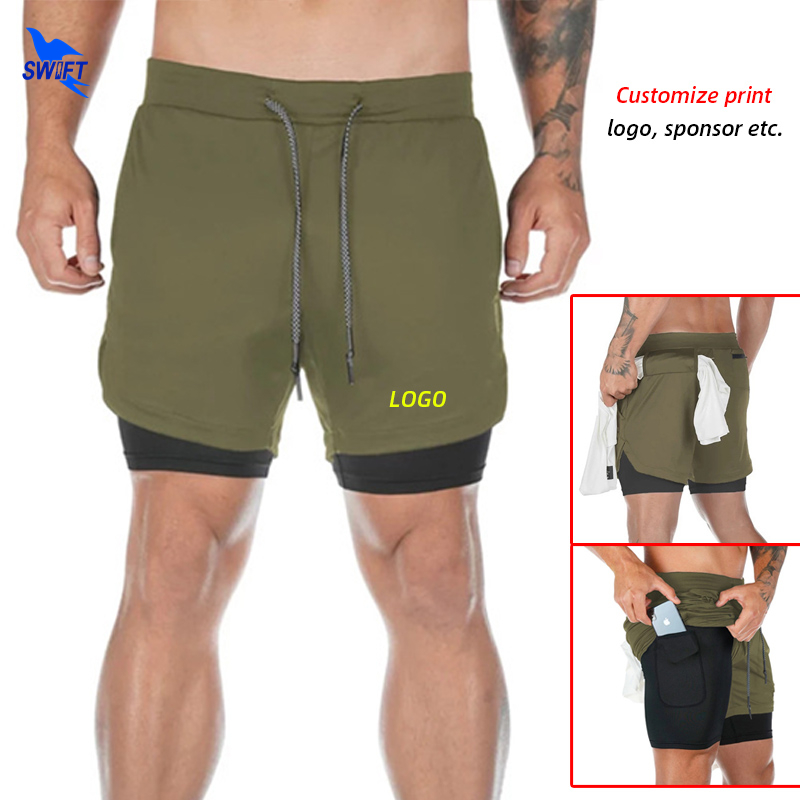 

Quick Dry Mens 2 In 1 Running Shorts with Pocket Sport Jogging Fitness Shorts Workout Gym Sportswear Short Pants Custom, Army green