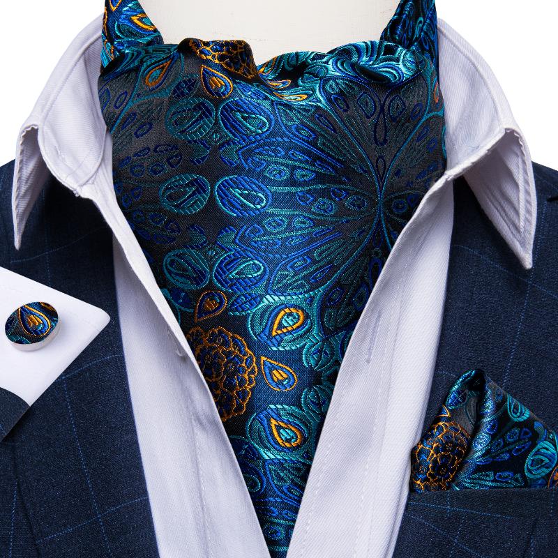 

Bow Ties DiBanGu Men Luxury Silk Ascot Tie Cravat Handkerchief Cufflinks 3pcs Set Blue Paisley Floral Wedding Party Cravats Necktie