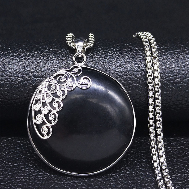 

2020 Flower Safety Button Stainless Steel Natural Stone Necklaces Black Silver Color Necklace Jewelry cadenas mujer N4501S04