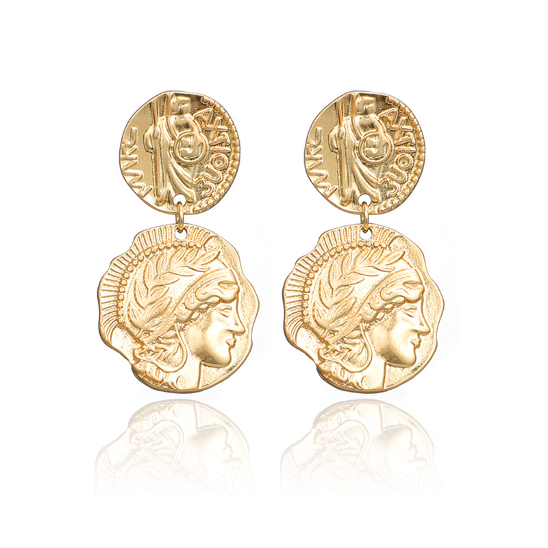 

New Individuality Irregular Ethnic Style Metal Texture Earrings Simple Retro Round Character Letter Portrait Earrings