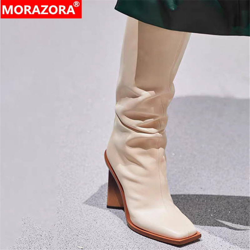 

MORAZORA Size 34-43 INS Hot Microfiber Leather Boots Women Square Toe High Heels Women's Knee High Boots Western Drop Ship, Black