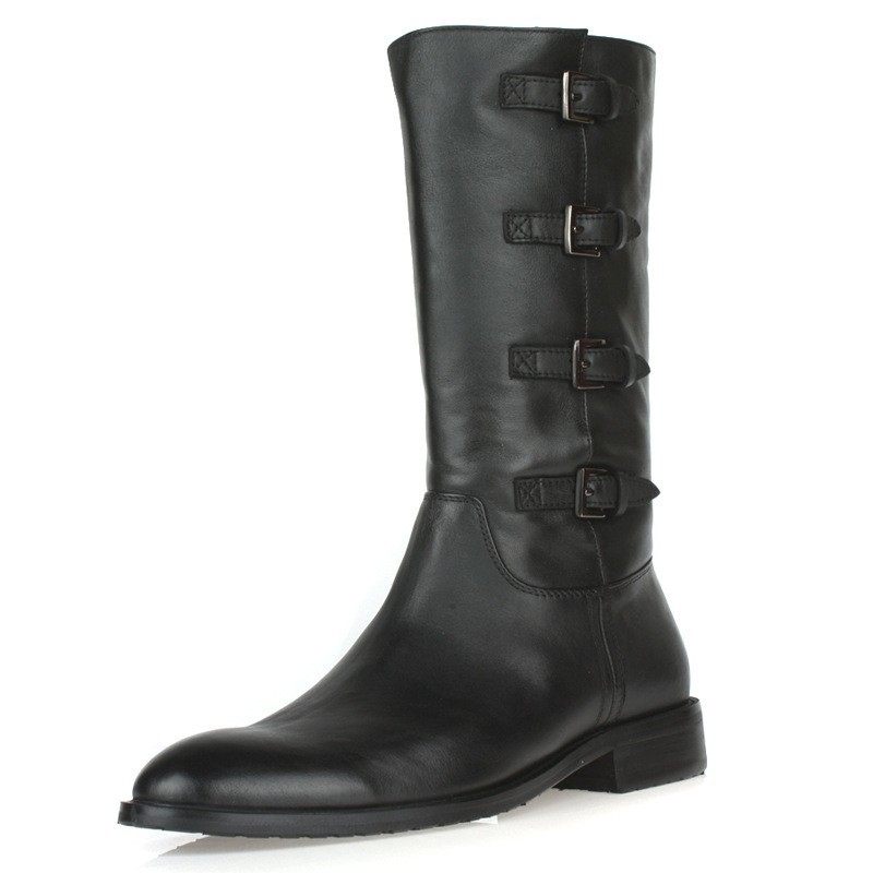 

Top Genuine Leather Pointed Toe Boots Men Casual Winter Solid Black Side Zip High Boots Punk Motocycle Work Shoes