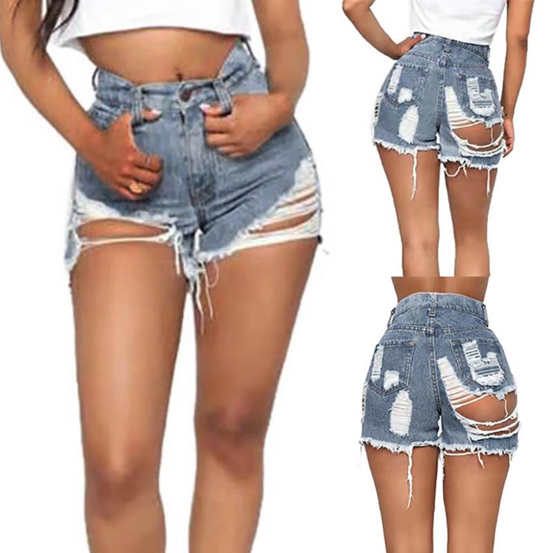 

Ladies Summer Mid-Waist Hips Sexy Torn Hole Denim Shorts Light Blue Short Jeans Female Pockets Wash Denim Shorts Jeans 5.30