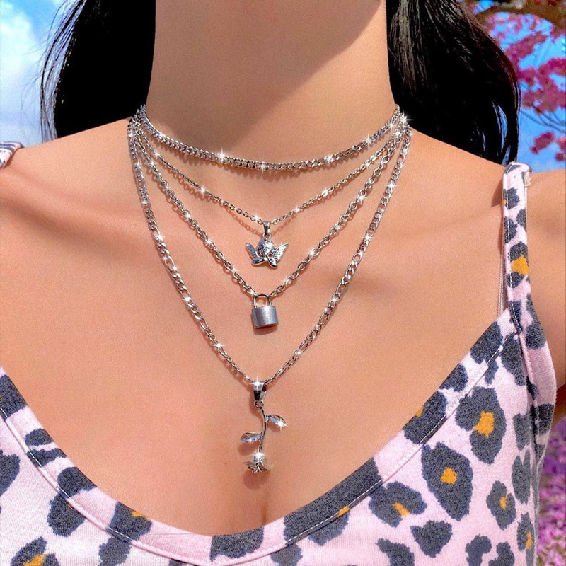 

Bohemian Women Fashion Vintage Silver Color Angel Lock Rose Pendant Multilayer Necklace Beach Party Charm Jewelry Accessories