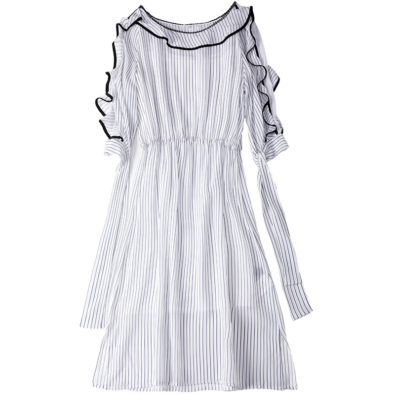 

Summer Silk Dress Woman 2020 New Round Neck Butterfly Sleeves Elastic Waist Slim Stripes Dress Above The Knees -XL