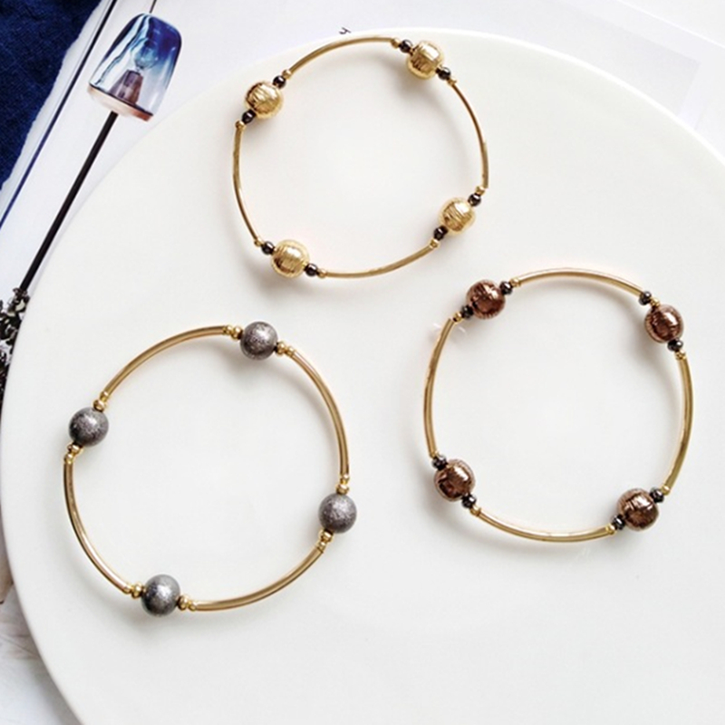 

Vintage Bangle With Metal Texture Candy Beads Korean Fashion Jewelry For Student Elastic Rope Bangle