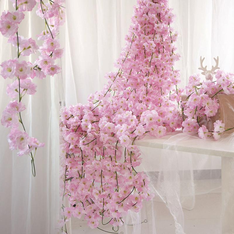 

210CM Artificial Flowers Garland Artificial Plants Ivy Wreath Silk Sakura Cherry Blossom Fake Vines RattanWall Wedding Decor, Pink