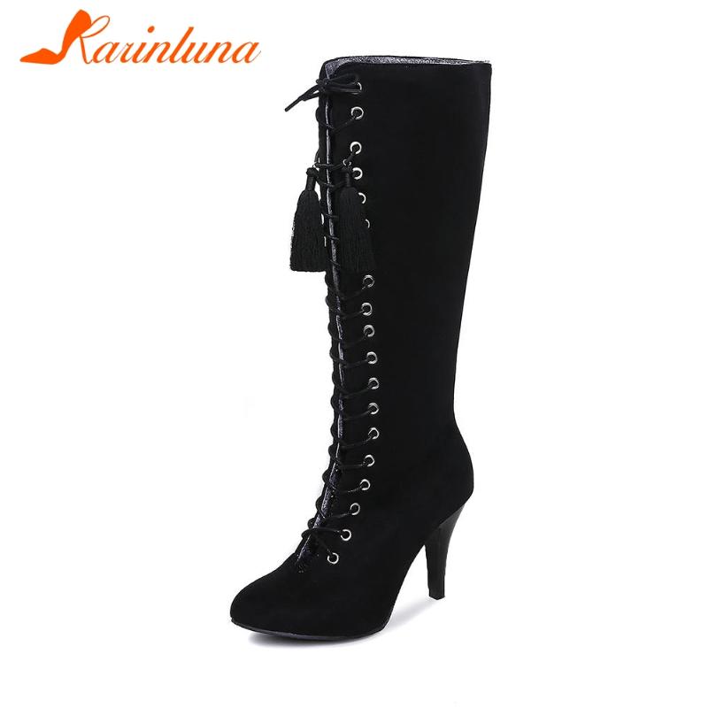 

Karin New Fashion Big Size 48 women shoes Multicolor Cross-tied Finge Spike Heels Knee High Side Zipper Autumn Boots, Apricot