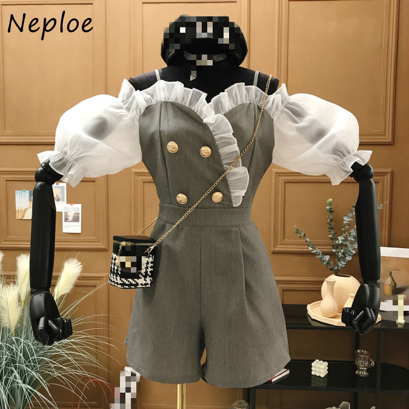 

Neploe Summer Spaghetti Strap Patchwork Women Playsuits 2020 Chic Sexy Puff Sleeve Double Breasted Female Overalls Jumpsuits, Black