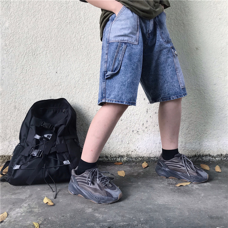 

Japanese Retro Distressed Patchwork jeans Shorts Streetwear Loose Denim Five-point Pants Harajuku Cargo Shorts Men and Women, Blue