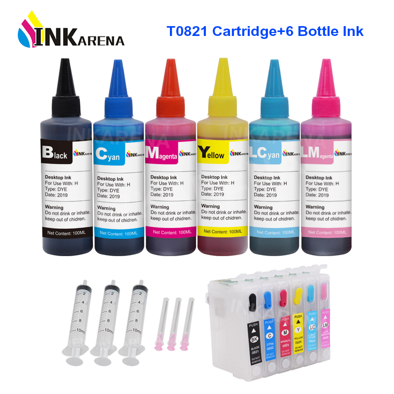 

INKARENA 100ml Printer Ink Refill Kit + 82 82N T0821 Ink Cartridge For Stylus Photo 1410 T50 R290 R295 R390 RX590 RX610