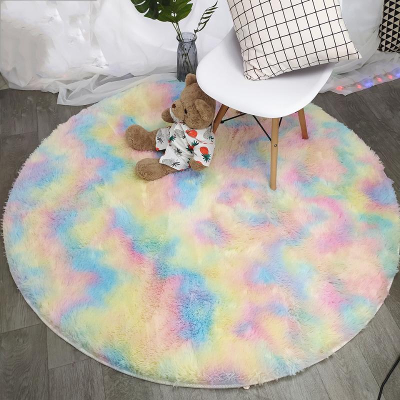 

Nordic Colorful Furry Round Carpet Big For Living Room Decor Rainbow Color Hair Carpet For Bedroom Girls Kids Room Mat Rug, As picture