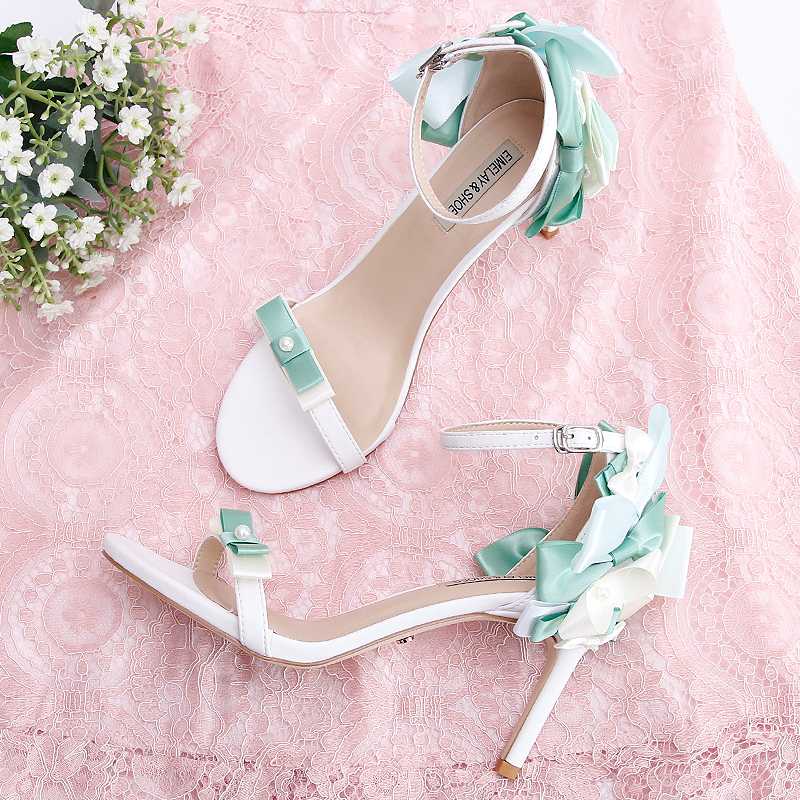 

kmeioo sweet shoes summer woman ankle strap sandals bowknot high heels buckle strap thin heels prom shoes, White-6cm