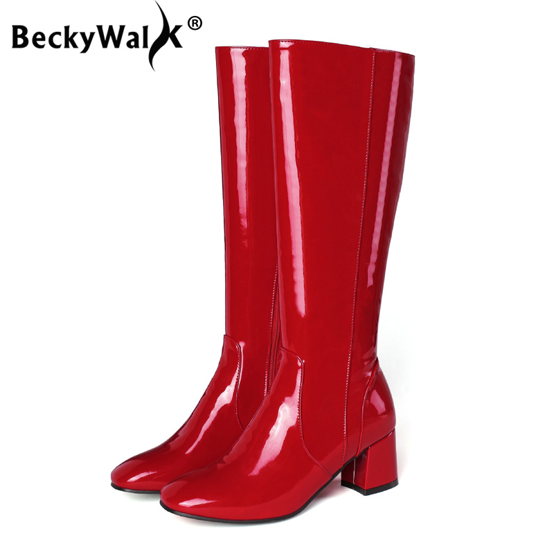 

Women Knee High Boots Fashion Boots Quality Patent Leather Women Chunky High Heels Black White Winter Shoes WSH3687, Red