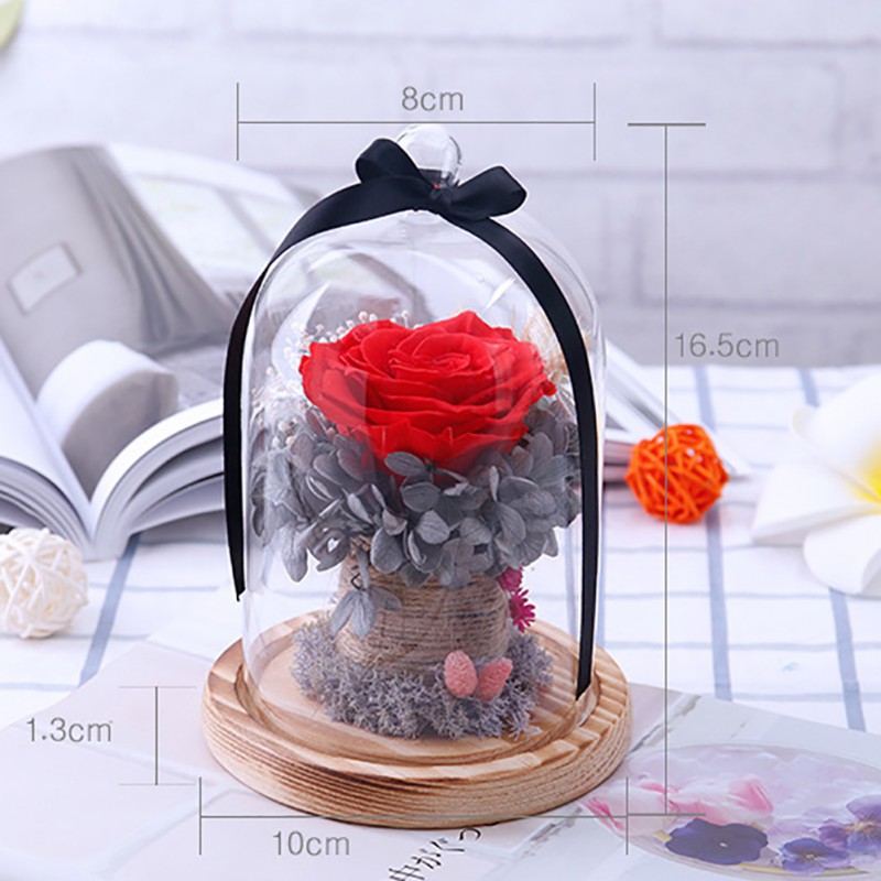 

LED Red Rose Romantic Ornament Everlasting With Glass Cover On a Wooden Base For Valentine's Gifts Rose Lamps Wedding Party2020