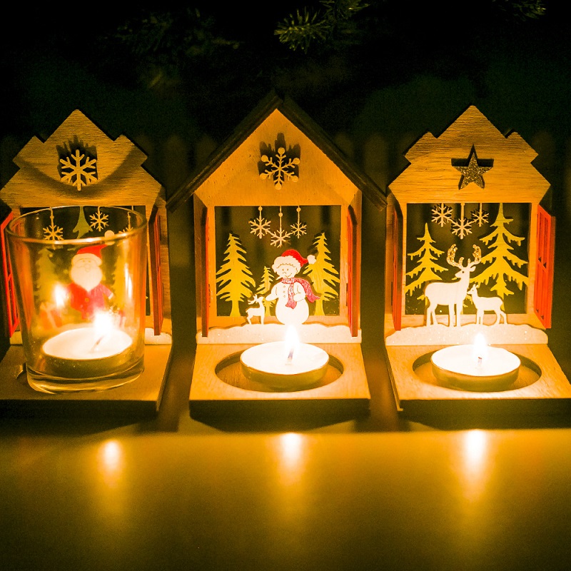 

New Arrival Christmas Decoration Wooden Three-dimensional Cabin Candlestick Small Wooden House Candle Holder WB1080