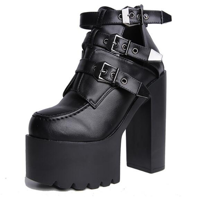 

Shoes Woman Pumps Waterproof Wedding Party Shoes PU Buckle Strap 14CM Thick High Heels Round Toe Platform Dress Women, Black