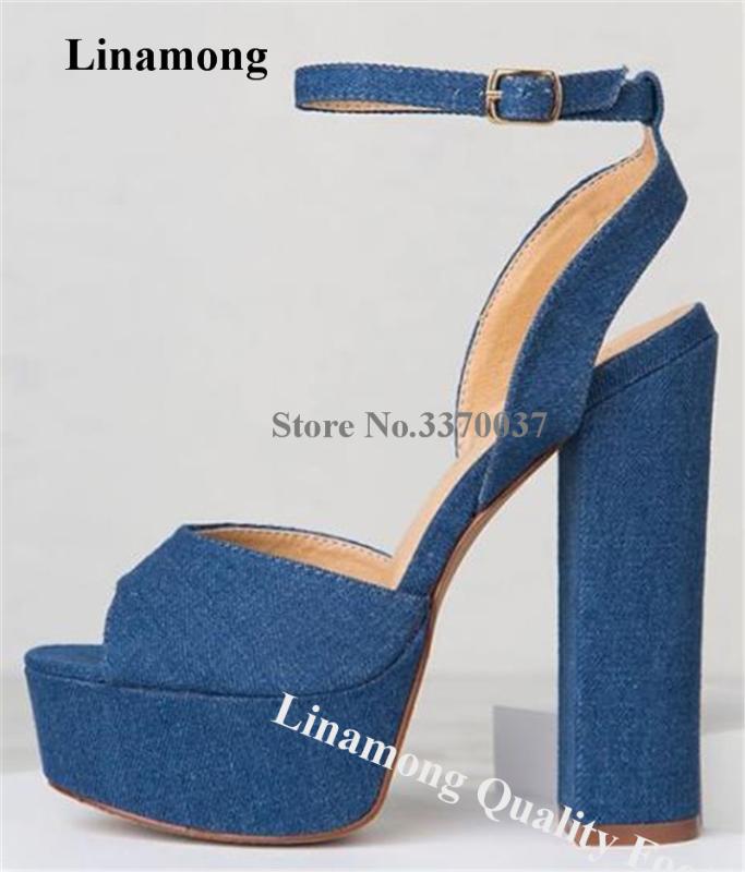 

Linamong Western Fashion Open Toe Denim High Platform Chunky Heel Sandals Blue Ankle Strap Buckle Thick High Heel Sandals Heels, As picture