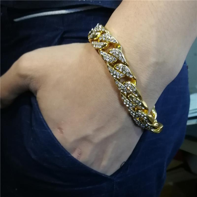 

Men's Bracelet Hip Hop Iced Out Bracelet Mens Hiphop Gold Silver Color Miami Curb Cuban Link Male Street Jewelry