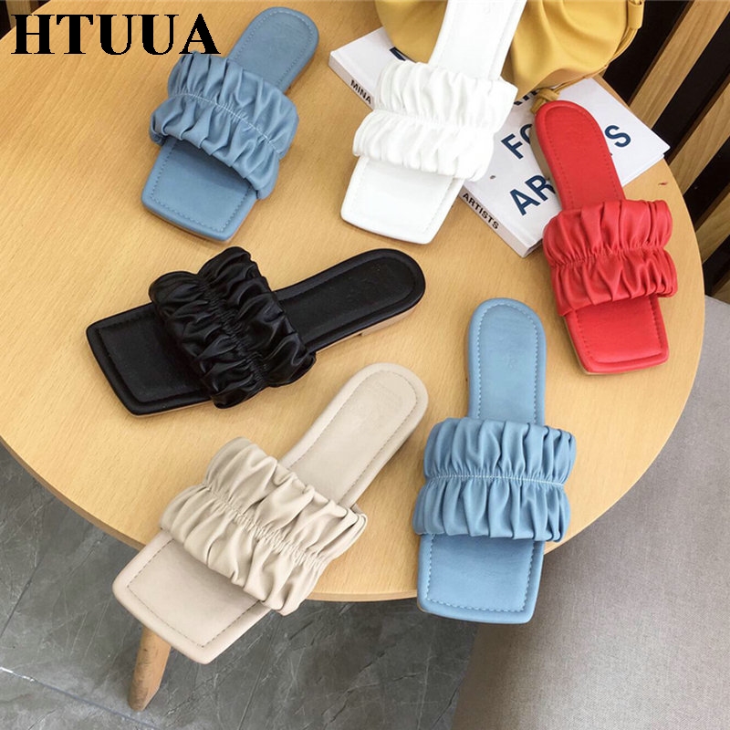 

HTUUA 2020 New Women Sandals Brand Design Slip On Slippers Flat Heel Slides Ladies Outdoor Beach Shoes Woman Flip Flop SX4175, White b