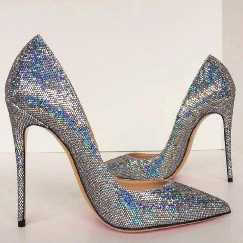 

2020 Summer Fashion Women Pumps Silver Glitter Point Toe Bride Wedding Shoes High Heels Genuine Leather real photo 12cm 10cm brand new, Heel 10cm