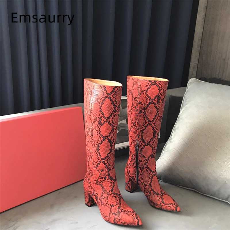 

Sexy Serpentine Autumn Winter Boots Women Point Toe Side Zip Square Thick Heel Real Leather Knee-high Boots Woman, Red