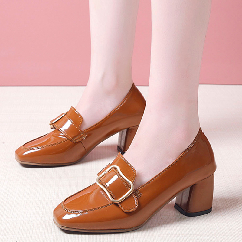 

2020 Retro Buckle Square Heels Women Pumps Fashion Patent Leather Square Toe Work Office Shoes Woman Slip on Zapatos De Mujer, Black