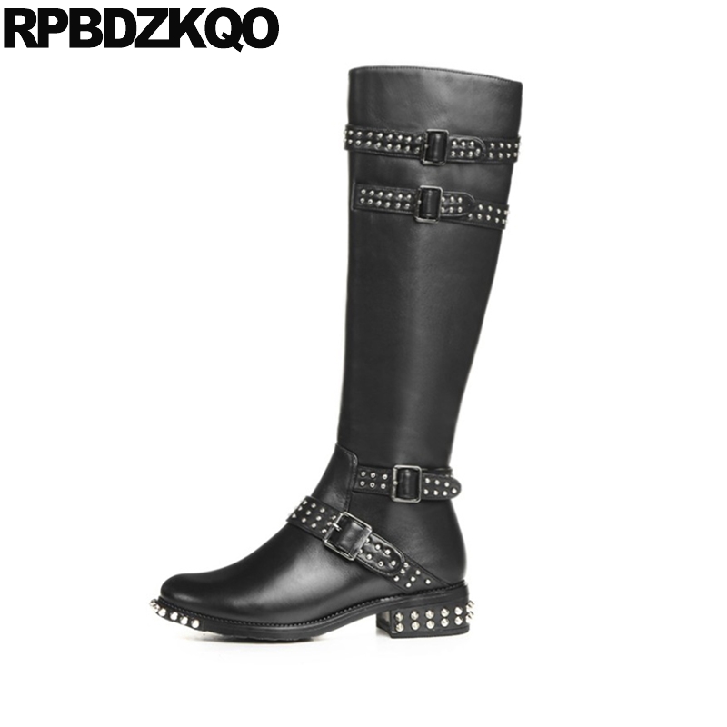 

low heel shoes women boots stud rivet tall metal chunky fur black wide calf knee high round toe long 2020 handmade