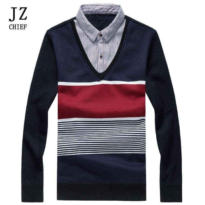 

JZ CHIEF Fake Two Piece Pollover Sweater Men Striped Thick Winter Knitted Sweater Slim Fit Patchwork Shirt Collar Elegant Blouse, Gray sweater