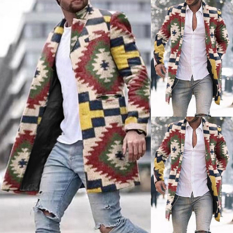 

Men' Geometry Print Windbreaker Long-length Plaid Print Coat Men' Lapel Collar Warm Coat Jacket Autumn Winter Fleece Overcoat