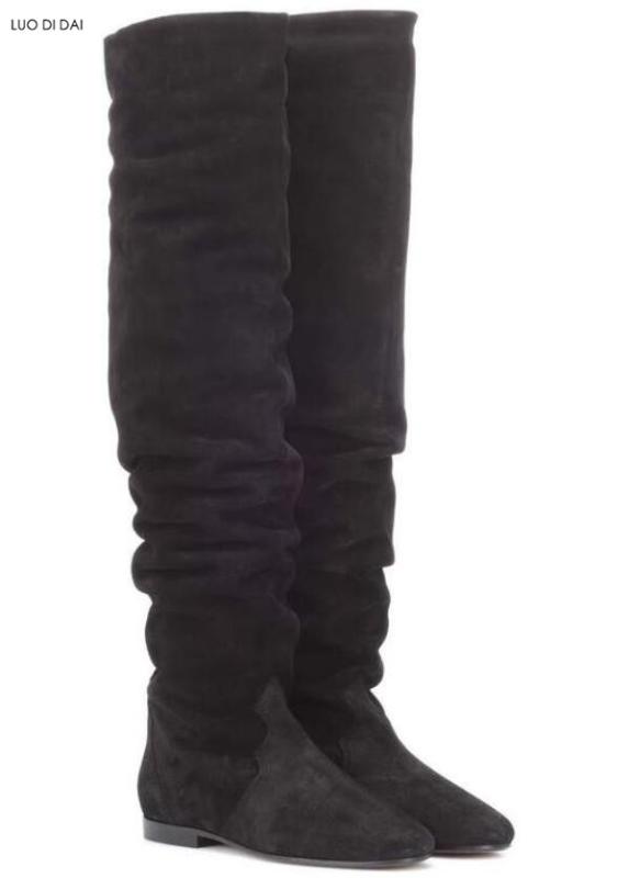 

2020 new women thigh high boots flat heel booties black suede women winter boots ladies casual long leather slip on