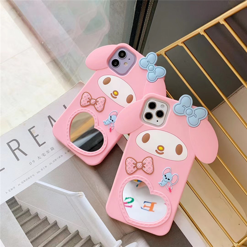 

3D Cartoon Cute Cinnamoroll mirror with lanyard cases for iphone 13 12 11 pro X Xs XR Max SE 7 8plus Japan lovely cat My Melody cover, Case+lanyard