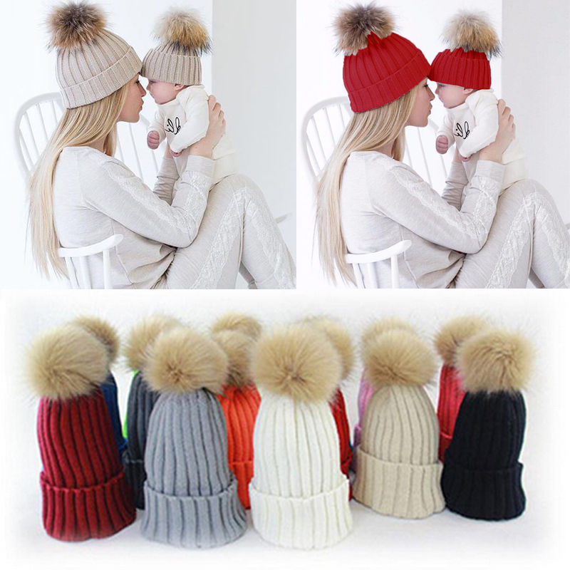 

1 Pcs Mother Child Baby Family Match Warm Winter Knit Beanie Fur Pom Hat Crochet Ski Cap Hat, Kid