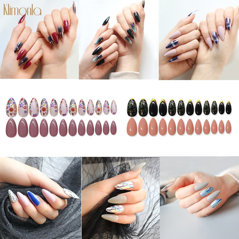 

24Pcs/box Short Fake Nails with 11 Styles Cool Pattern Detachable Stiletto Nail Art Tips Ladies Press On Designed Nail Tips, 0067-lj15